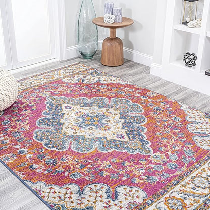 JONATHAN Y Boho Vintage Fuchsia/White Indoor Area Rug, 4x6, Bohemian Flair Medallion, Floral Easy-Cleaning High Traffic for Living Room, Bedroom, Kitchen, Pet-Friendly, Non-Shedding (BMF106C-4)