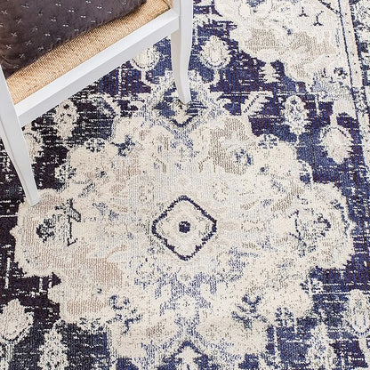 SAFAVIEH Monaco Collection Area Rug - 6'7" Square, Ivory & Navy, Boho Chic Medallion Distressed Design, Non-Shedding & Easy Care, Ideal for High Traffic Areas in Living Room, Bedroom (MNC243C)