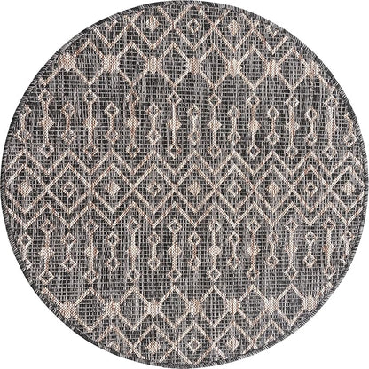 Unique Loom Outdoor Trellis Collection Area Rug - Tribal Trellis (3' 3" Round, Charcoal Gray/ Natural)