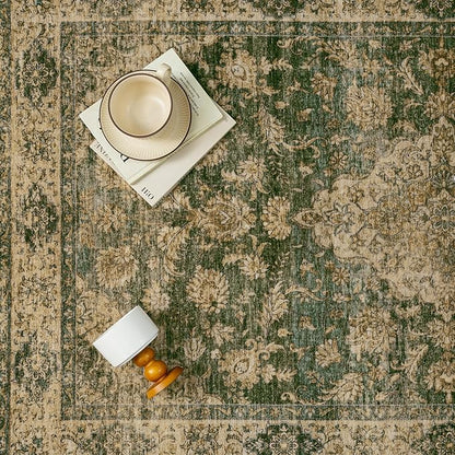 HUGEAR 2x3 Entryway Area Rug Retro Green Small Rug Machine Washable Door Mat Vintage Floral Low Pile Carpet Distressed Throw Rug Entrance Kitchen Bathroom Bedroom Office Non Slip Soft Lightweight