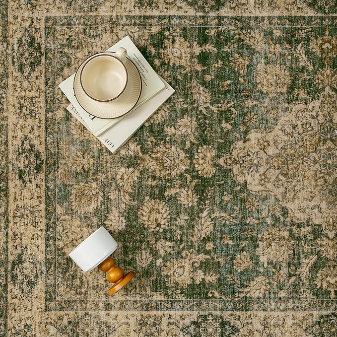 HUGEAR 3x10 Runner Rug Hallway Machine Washable Retro Green Vintage Floral Low Pile Carpet Distressed Long Throw Rug Bedroom Office Bathroom Kitchen Laundry Non Slip Soft Lightweight