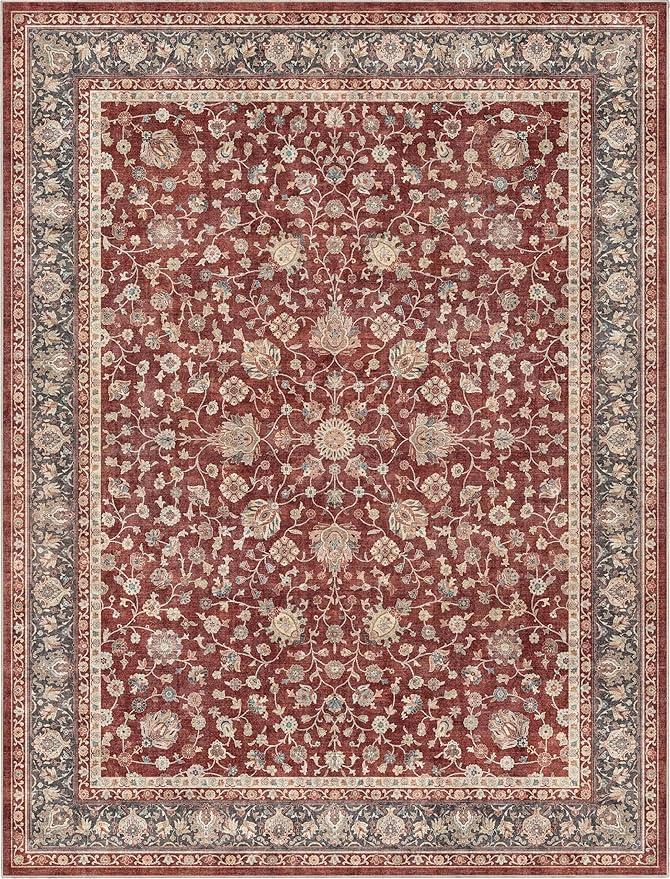 Well Woven Asha Rome Red 7'7" x 9'10" Area Rug - Oriental Floral Pattern, Easy Clean, Floor-Friendly Backing - for Living Room, Bedroom, and Dining Room
