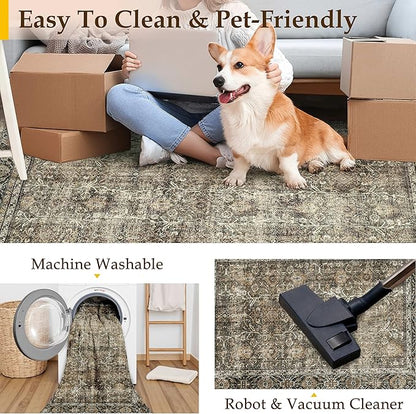 Brown Runner Rug 3x8 Vintage Area Carpet Hallway Long Indoor Kitchen Washable Living Room Low Pile Traditional Distressed Retro Accent Throw Rug Non Slip Laundry Bathroom Office Dining Room