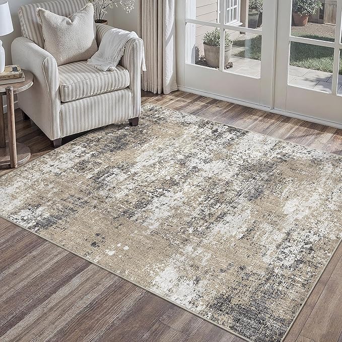 3x5 Abstract Area Rug Brown Washable Modern Neutral Office Carpet Non Slip Ultra Soft Indoor Entry Low Pile Small Door Mat Bedroom Contemporary Throw Rug for Kitchen Laundry Dinging Room