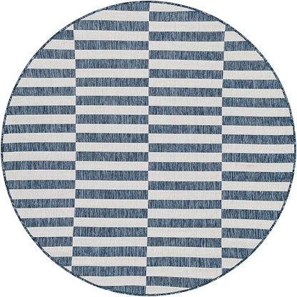 Unique Loom Outdoor Striped Collection Area Rug - Striped (5' 3" Round Blue/Ivory)