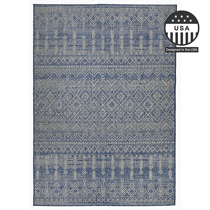 FH Home Flat Woven Outdoor Rug - Waterproof, Easy to Clean, Stain Resistant - Premium Polypropylene Yarn - Boho Moroccan - Patio, Porch, Deck, Balcony - Dakar - Blue - 5ft 2in x 7ft 6in