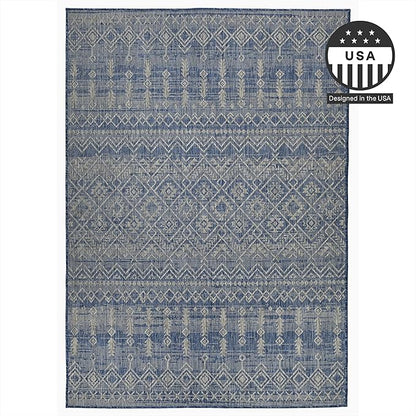 FH Home Flat Woven Outdoor Rug - Waterproof, Easy to Clean, Stain Resistant - Premium Polypropylene Yarn - Boho Moroccan - Patio, Porch, Deck, Balcony - Dakar - Blue - 5ft 2in x 7ft 6in