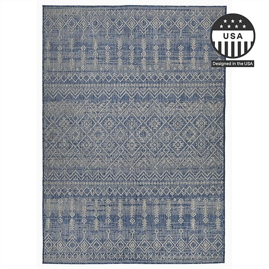 FH Home Flat Woven Outdoor Rug - Waterproof, Easy to Clean, Stain Resistant - Premium Polypropylene Yarn - Boho Moroccan - Patio, Porch, Deck, Balcony - Dakar - Blue - 5ft 2in x 7ft 6in