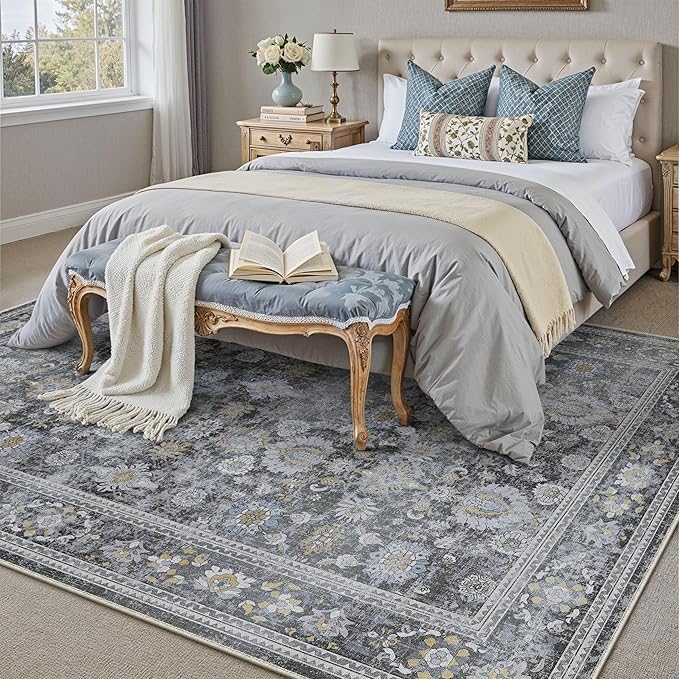 HUGEAR 6x9 Area Rug Black Vintage Machine Washable Living Room Retro Rugs Distressed Floral Vacuumable Low Pile Carpet Bedroom Office Dining Room Laundry Room Non Slip Soft Lightweight