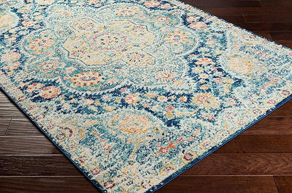Livabliss Area Rugs - 8x10 Romaine Vintage Boho Navy Sky Blue Rose Area Rug for Living Room Bedroom - Floral Medallion Stain Resistant Carpet for Kitchen, Nursery, Office (7'10" x 10'3")