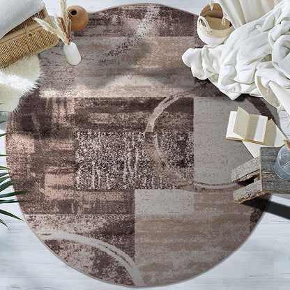 Rugshop Contemporary Abstract Circle Design Round Rug, Fade-Resistant Carpet for Living Room, Office, or Entryway, Brown, 6'6" Round