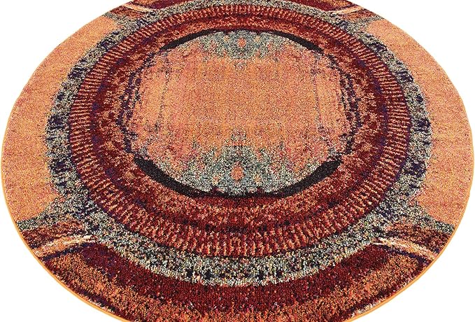 Unique Loom Estrella Collection Rustic, Distressed, Modern, Abstract Area Rug (6' 0 x 6' 0 Round, Orange/Black)