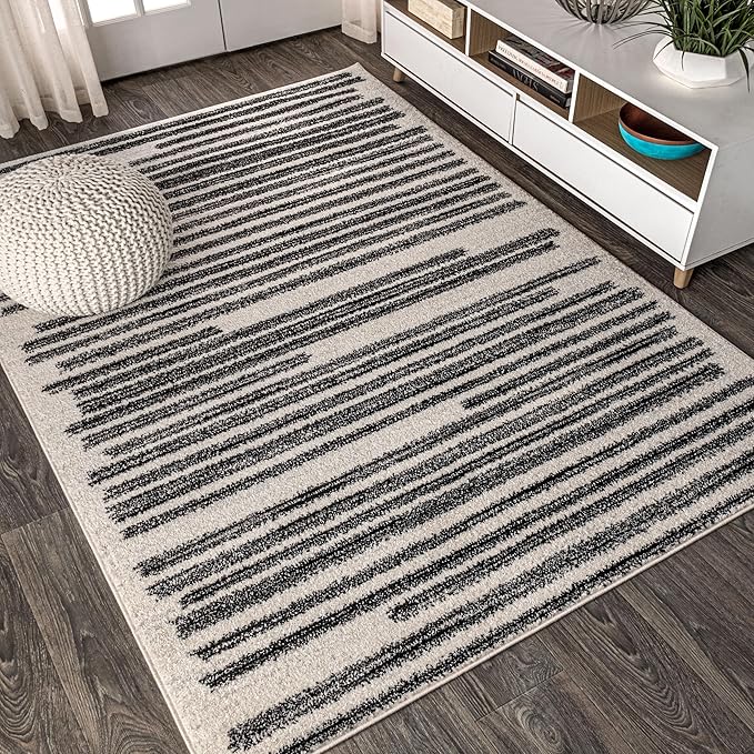 JONATHAN Y Khalil Modern Berber Stripe Cream/Black Indoor Area Rug, 9x12, Contemporary, Bohemian, Easy-Cleaning for Living Room, Bedroom, Kitchen, Pet Friendly, Non-Shedding (MOH207A-9)