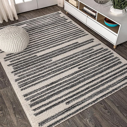 JONATHAN Y Khalil Modern Berber Stripe Cream/Black Indoor Area Rug, 4x6, Contemporary, Bohemian, Easy-Cleaning for Living Room, Bedroom, Kitchen, Pet Friendly, Non-Shedding (MOH207A-4)