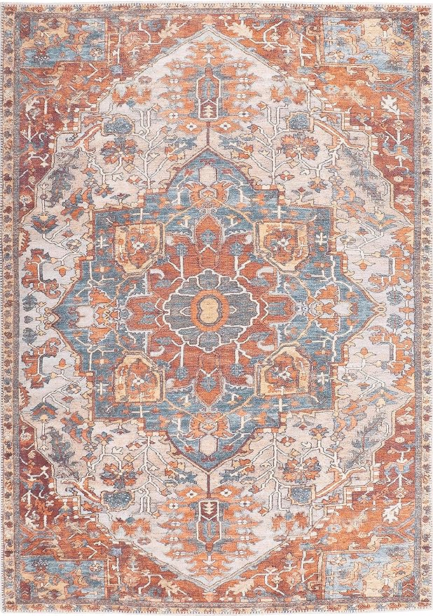 GLN Rugs Traditional Collection - Machine Washable Area Rug, Traditional Washable, Non Slip, Low Pile Chenille Rug, Living Room, Bedroom, Kitchen Rug (3' x 5' Cream/Terra)