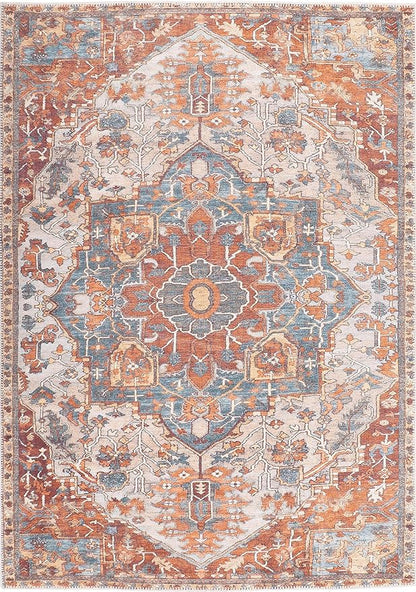 GLN Rugs Traditional Collection - Machine Washable Area Rug, Traditional Washable, Non Slip, Low Pile Chenille Rug, Living Room, Bedroom, Kitchen Rug (8' x 10' Cream/Terra)