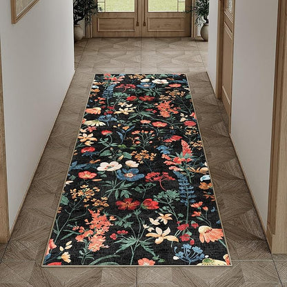 Floral Runner Rug 2x7 Washable Hallway Long Black Bedroom Carpet Non Slip Indoor Boho Kitchen Low Pile Accent Rug Lightweight Soft for Bathroom Dining Laundry Living Room