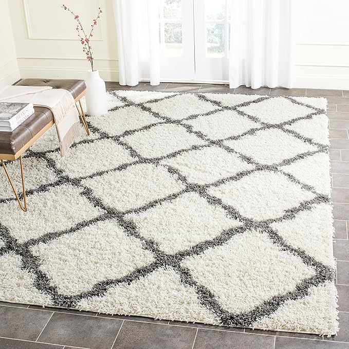 SAFAVIEH Dallas Shag Collection Area Rug - 6' Square, Ivory & Dark Grey, Trellis Design, Non-Shedding & Easy Care, 1.5-inch Thick Ideal for High Traffic Areas in Living Room, Bedroom (SGD257H)