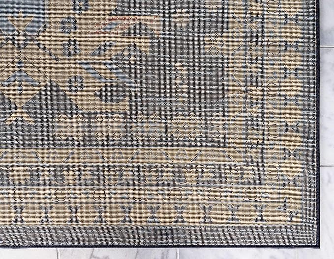 Unique Loom Taftan Collection Border Geometric Tribal Inspired Design Area Rug (4' 0 x 6' 0 Rectangular, Navy Blue/ Gold)