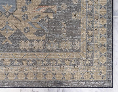 Unique Loom Taftan Collection Border Geometric Tribal Inspired Design Area Rug (4' 0 x 6' 0 Rectangular, Navy Blue/ Gold)