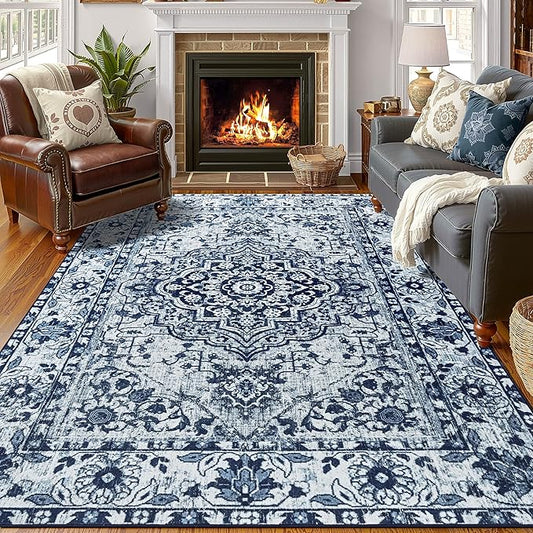 YJ.GWL Area Rugs for Living Room 5x7 Machine Washable Rugs, Non Slip Floral Vintage Rug Indoor Carpet, Stain Resistant Large Rug for Bedroom Dining Room, Navy Blue