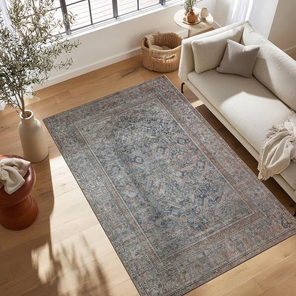 Kuden 6x9 Area Rug, Machine Washable Area Rug with Non-Slip Backing, Vintage Style, Soft, Easy Clean, Low Pile Rug for Living Room, Bedroom, Dining Room