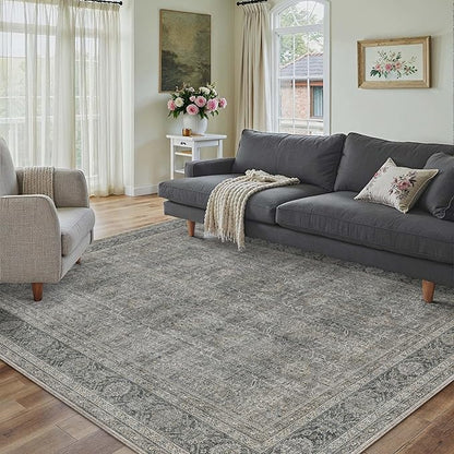 Vintage Area Rug 4x5 Grey Brown Entryway Office Washable Carpet Non Slip Bedroom Indoor Living Room Door Mat Low Pile Traditional Distressed Retro Accent Rug for Dining Room Bathroom Kitchen