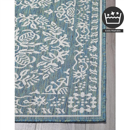 FH Home Flat Woven Outdoor Rug - Waterproof, Easy to Clean, Stain Resistant - Premium Polypropylene Yarn Farmhouse - Patio,Deck,Porch,Balcony,Laundry - Marbella - Ocean - 3ft 11 in x 5ft 6in