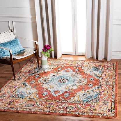 SAFAVIEH Monaco Collection Area Rug - 8' Square, Orange & Light Blue, Boho Chic Medallion Distressed Design, Non-Shedding & Easy Care, Ideal for High Traffic Areas in Living Room, Bedroom (MNC243H)
