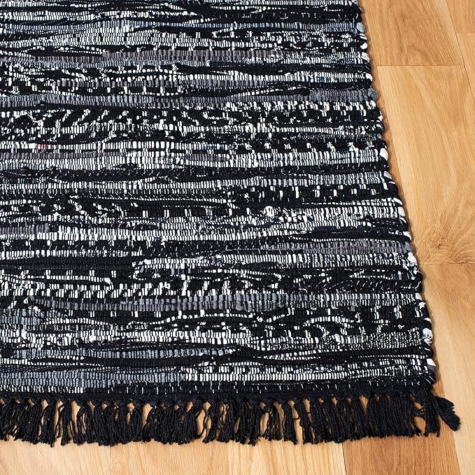 SAFAVIEH Rag Rug, Collection Area Rug - 4' Square, Black, Handmade Boho Stripe Cotton, Ideal for High Traffic Areas in Living Room, Bedroom (RAR121Z)