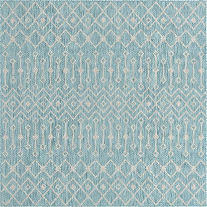 Unique Loom Outdoor Trellis Collection Area Rug - Tribal Trellis (7' 10" Square, Aqua/ Ivory)