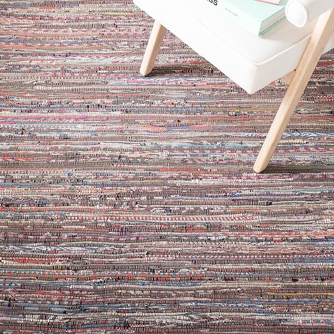 SAFAVIEH Rag Rug Collection Area Rug - 6' Square, Rust & Multi, Handmade Boho Stripe Cotton, Ideal for High Traffic Areas in Living Room, Bedroom (RAR121E)
