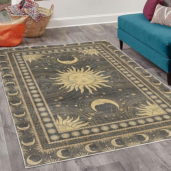 Ambesonne Sun and Moon Decorative Rug, Bohemian Art Design of Crescent Solar Ornament Esoteric Stars, Quality Carpet for Bedroom Dorm and Living Room, 5' 1" X 7' 5", Charcoal Grey Sand Brown