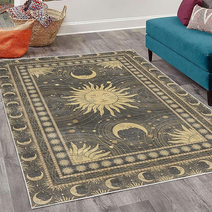 Ambesonne Sun and Moon Decorative Rug, Bohemian Art Design of Crescent Solar Ornament Esoteric Stars, Quality Carpet for Bedroom Dorm and Living Room, 5' 1" X 7' 5", Charcoal Grey Sand Brown