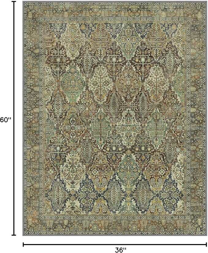 Bavni Area Rug 3X5, Aesthetic Rugs for Living Room, Non Shedding Non Slip Machine Washable Carpet for Office Dorm, Floral Vintage Chenille Rugs for Bedroom, Sage Green