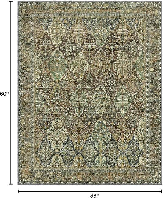 Bavni Area Rug 3X5, Aesthetic Rugs for Living Room, Non Shedding Non Slip Machine Washable Carpet for Office Dorm, Floral Vintage Chenille Rugs for Bedroom, Sage Green