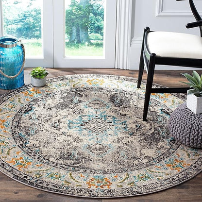 SAFAVIEH Monaco Collection Area Rug - 5' Round, Grey & Light Blue, Boho Chic Medallion Distressed Design, Non-Shedding & Easy Care, Ideal for High Traffic Areas in Living Room, Bedroom (MNC243G)