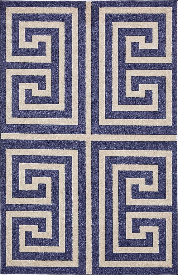 Unique Loom Athens Collection Classic Geometric Modern Border Design Area Rug (6' 0 x 9' 0 Rectangular, Navy Blue/ Beige)