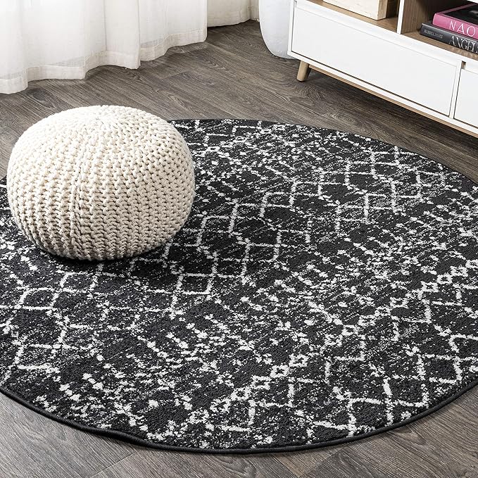JONATHAN Y Boho Vintage Diamond Black/Ivory Round Area Rug 8 ft, Moroccan Hype for Living Room, Bedroom, Kitchen, Office, Easy-Cleaning, High Traffic, Pet-Friendly, Non-Shedding (MOH101D-8R)