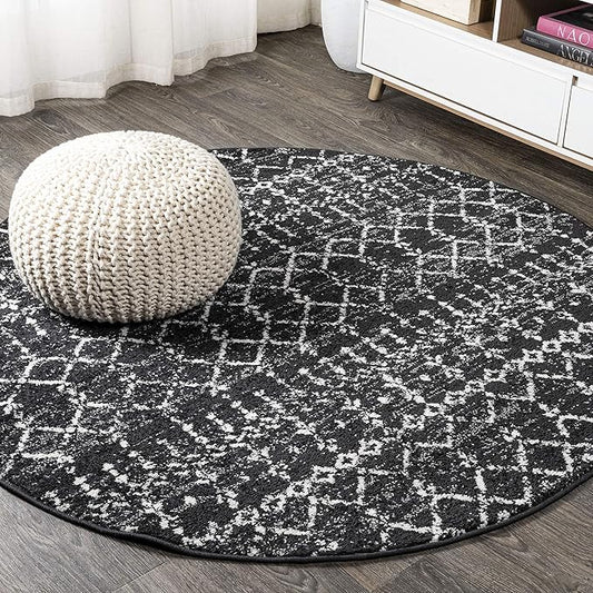 JONATHAN Y Boho Vintage Diamond Black/Ivory Round Area Rug 8 ft, Moroccan Hype for Living Room, Bedroom, Kitchen, Office, Easy-Cleaning, High Traffic, Pet-Friendly, Non-Shedding (MOH101D-8R)
