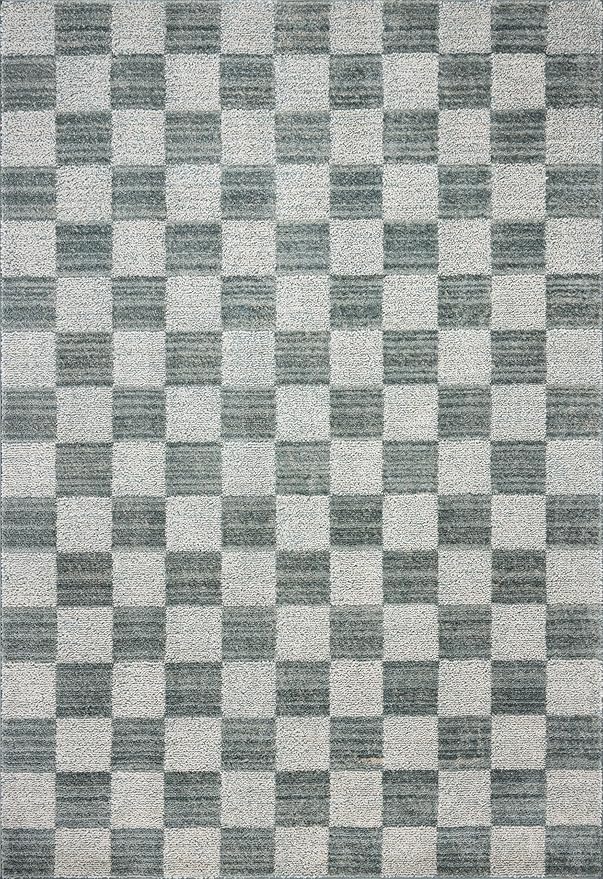 Loloi Chris Loves Julia Calvin Collection CLV-01 Blue/Ivory 5'-3" x 5'-3" Round Area Rug Checkered Neutral Soft Living Room Bedroom Carpet