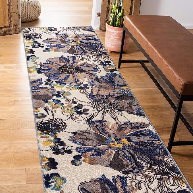 Rugshop Cream Bright Flowers Non Slip Non-Shedding Runner Rug for Hallway, Kitchen and Laundry Room, 2' x 7' (22" X 84")