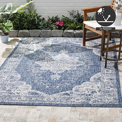 FH Home Outdoor Rug - Waterproof Easy to Clean Stain Resistant - Patio Indoor Outdoor Porch Deck Balcony Entryway - Vintage Distressed - Gorgan - Blue - 5ft 2in x 7ft 6in