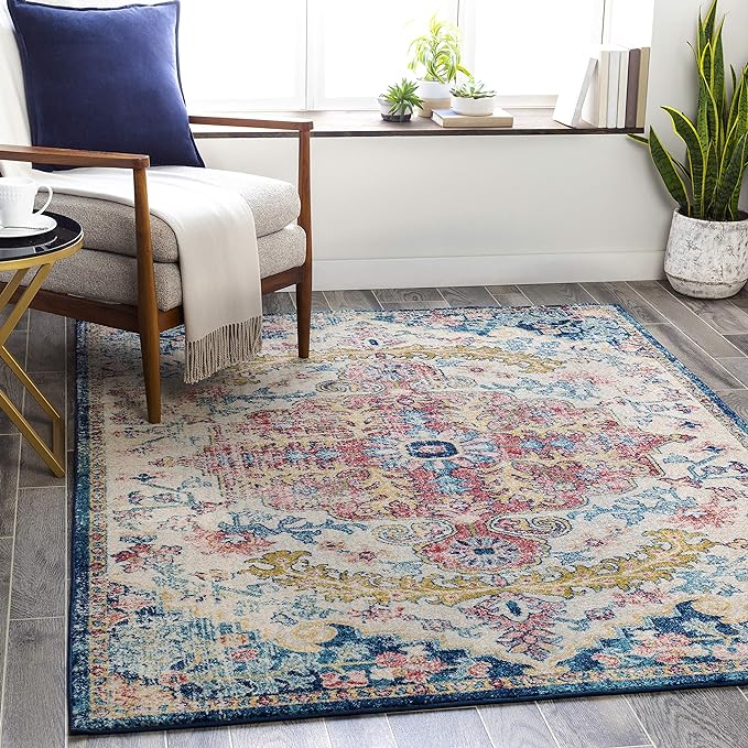 Livabliss Area Rugs - 5x5 Odelia Vintage Boho Aqua Burgandy Blue Square Area Rug for Living Room Bedroom - Floral Medallion Stain Resistant Carpet for Kitchen, Nursery, Office (5'3" Square)