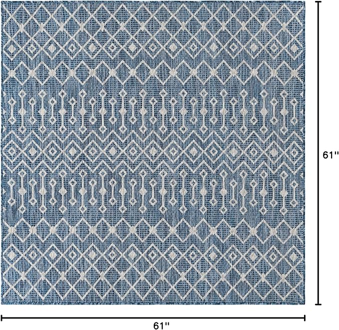 Unique Loom Outdoor Trellis Collection Area Rug - Tribal Trellis (5' 1" Square, Blue/ Ivory)