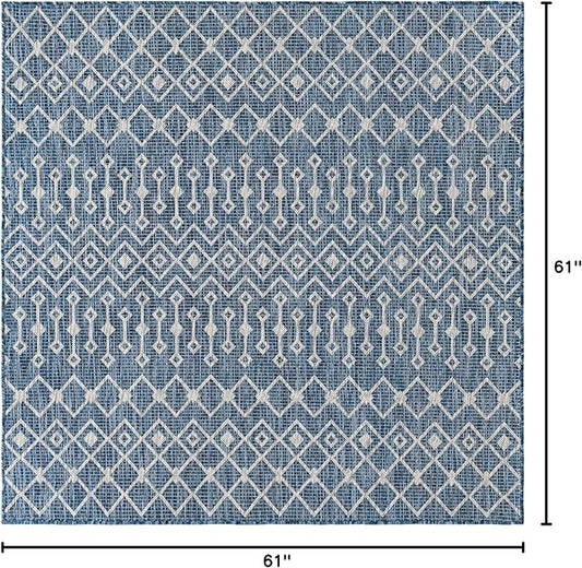 Unique Loom Outdoor Trellis Collection Area Rug - Tribal Trellis (5' 1" Square, Blue/ Ivory)