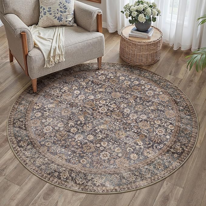 Hugear Round Rug 5ft Entryway Rugs Machine Washable Tradition Brown Hallway Area Rug 5x5 Small Circle Accent Rug Floral Low Pile Carpet Soft Throw Rug Living Room Office Laundry Room Entrance Non Slip