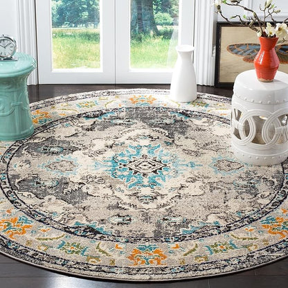 SAFAVIEH Monaco Collection Area Rug - 6'7" Round, Grey & Light Blue, Boho Chic Medallion Distressed Design, Non-Shedding & Easy Care, Ideal for High Traffic Areas in Living Room, Bedroom (MNC243G)