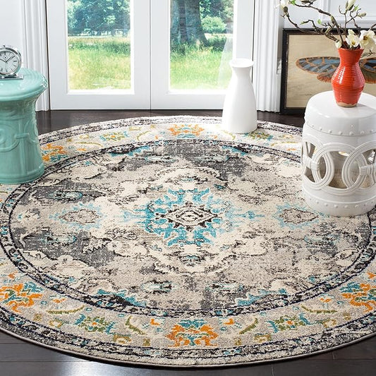 SAFAVIEH Monaco Collection Area Rug - 6'7" Round, Grey & Light Blue, Boho Chic Medallion Distressed Design, Non-Shedding & Easy Care, Ideal for High Traffic Areas in Living Room, Bedroom (MNC243G)