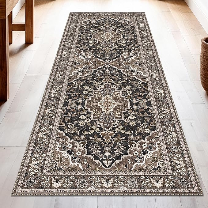 Washable Runner Rug 2x10 | Non Slip Rug Runners for Hallways, Entryways, Kitchens, Bathrooms, Bedrooms | Ultra-Soft Flannel Carpet Runners with Rubber Backing (Black Brown, 2x10)